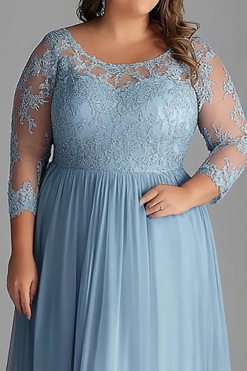 Plus Size Sky Blue Long Sleeves Long Tulle Mother of the Bride Dress