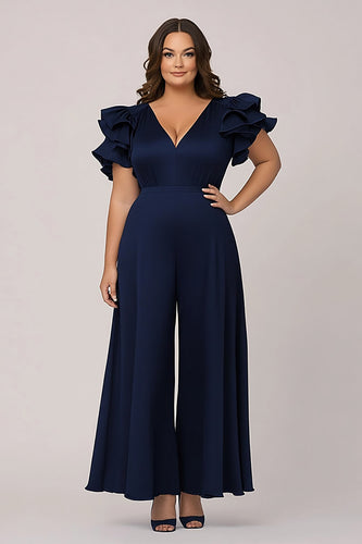 Navy Plus Size V-Neck Chiffon Mother of the Bride Pantsuit with Ruffles