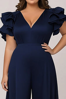 Navy Plus Size V-Neck Chiffon Mother of the Bride Pantsuit with Ruffles