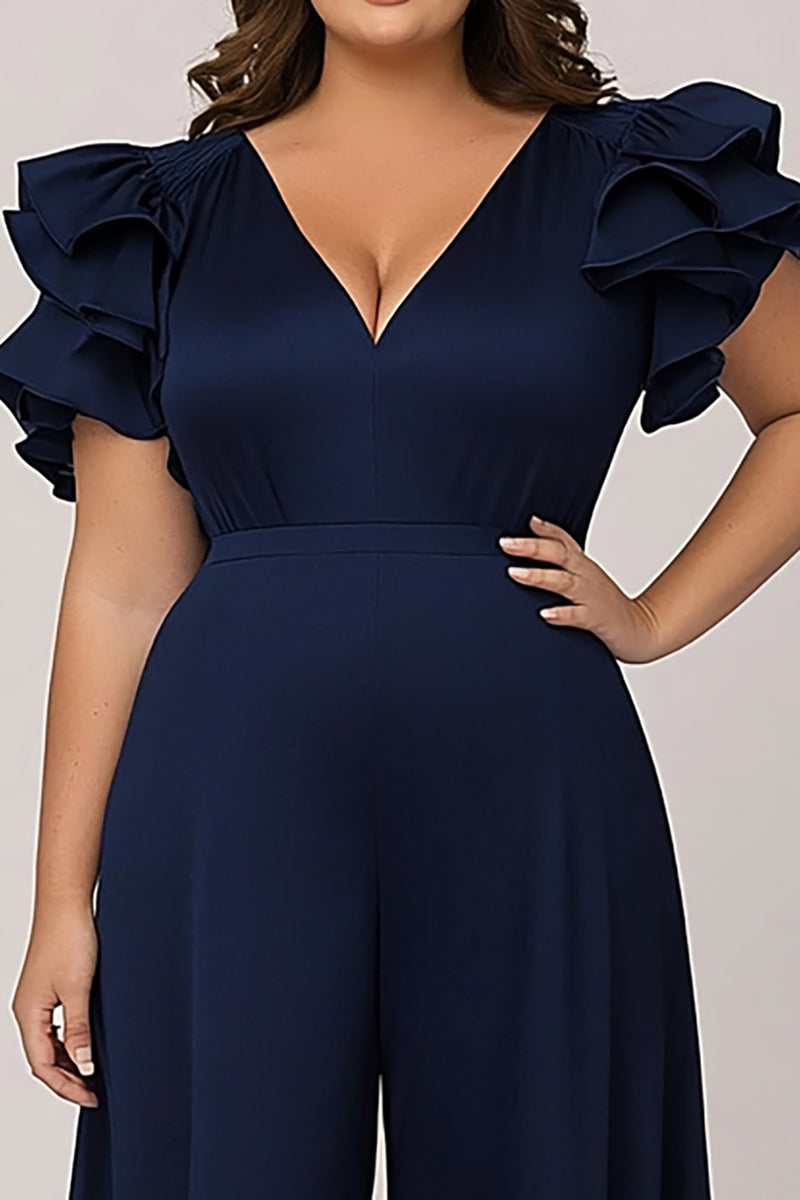 Load image into Gallery viewer, Navy Plus Size V-Neck Chiffon Mother of the Bride Pantsuit with Ruffles