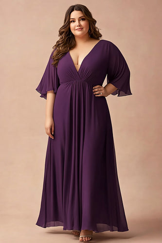 Dark Purple Plus Size V-Neck Chiffon Long Mother of the Bride Dress with Long Sleeves