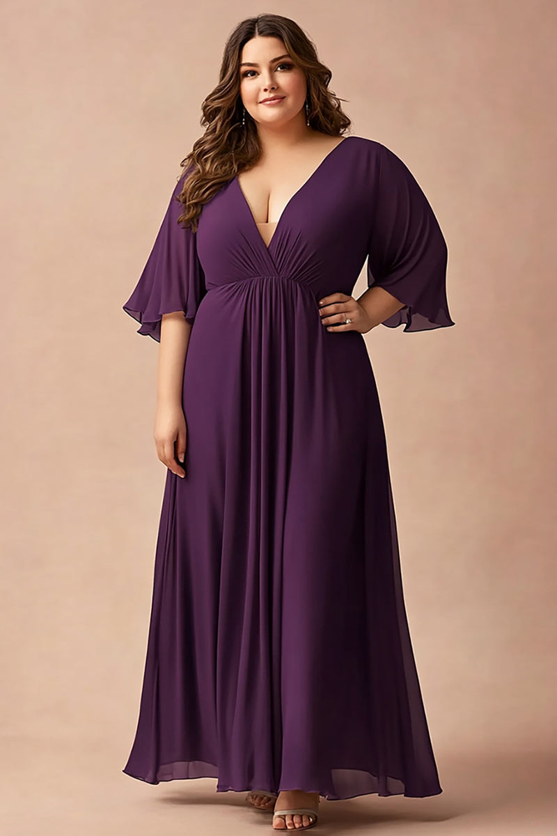 Load image into Gallery viewer, Dark Purple Plus Size V-Neck Chiffon Long Mother of the Bride Dress with Long Sleeves