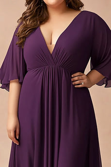 Dark Purple Plus Size V-Neck Chiffon Long Mother of the Bride Dress with Long Sleeves