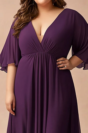 Dark Purple Plus Size V-Neck Chiffon Long Mother of the Bride Dress with Long Sleeves