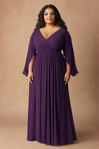 Plus Size Dark Purple V-Neck Long Chiffon Mother of the Bride Dress