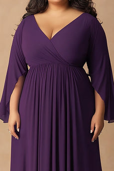 Plus Size Dark Purple V-Neck Long Chiffon Mother of the Bride Dress