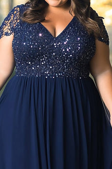 Navy Plus Size Lace A Line Long Mother of the Bride Dress