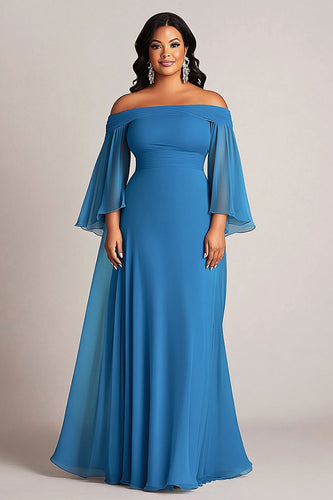 Plus Size Blue Chiffon A Line Long Mother of the Bride Dress