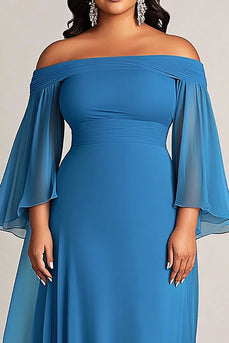 Plus Size Blue Chiffon A Line Long Mother of the Bride Dress