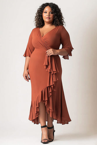 Terracotta Ruffled Half Sleeves Plus Size Long Mother of the Bride Dress