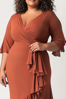 Terracotta Ruffled Half Sleeves Plus Size Long Mother of the Bride Dress