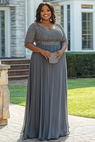 Grey Beaded A Line Plus Size Long Mother of the Bride Dress