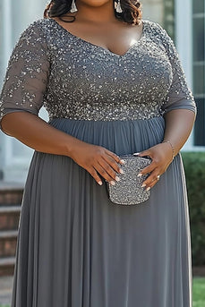 Grey Beaded A Line Plus Size Long Mother of the Bride Dress