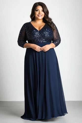 Plus Size Navy A Line V-Neck Long Mother of the Bride Dress