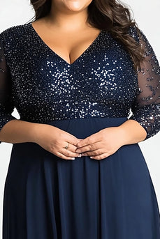 Plus Size Navy A Line V-Neck Long Mother of the Bride Dress