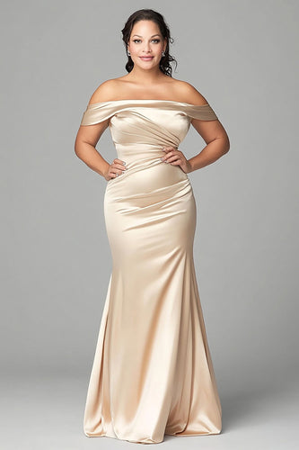 Plus Size Off the Shoulder Champagne Satin Long Mother of the Bride Dress