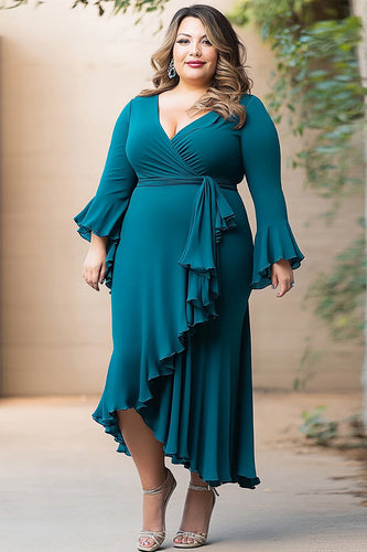 Peacock V-Neck Ruffled Long Plus Size Mother of the Bride Dress