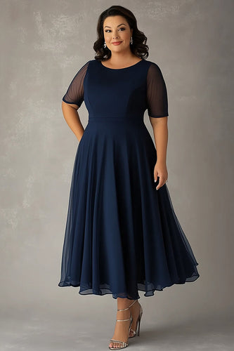 Navy Scoop A Line Long Plus Size Mother of the Bride Dress