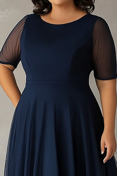 Navy Scoop A Line Long Plus Size Mother of the Bride Dress