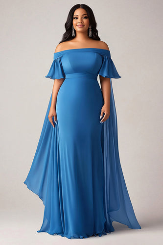 Blue Ruffled Chiffon Plus Size Long Mother of the Bride Dress