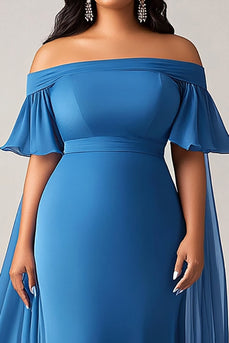 Blue Ruffled Chiffon Plus Size Long Mother of the Bride Dress