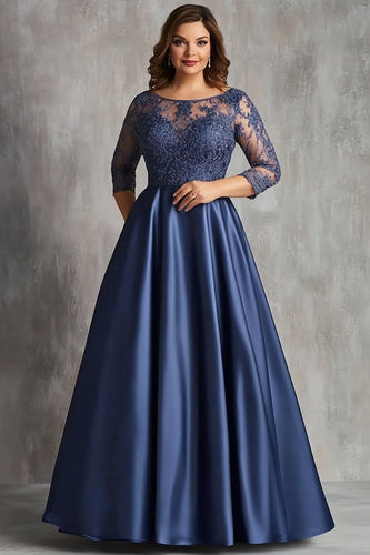 Navy Lace Satin Plus Size Long Mother of the Bride Dress