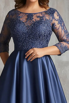 Navy Lace Satin Plus Size Long Mother of the Bride Dress