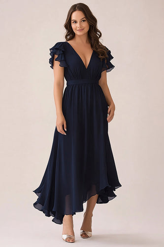 Navy V-Neck Chiffon Plus Size Long Mother of the Bride Dress