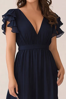 Navy V-Neck Chiffon Plus Size Long Mother of the Bride Dress