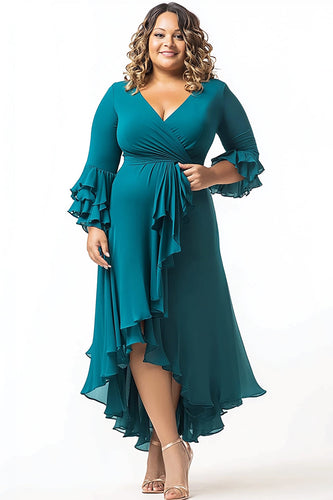 Peacock V-Neck Half Sleeves Plus Size Long Mother of the Bride Dress