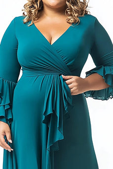 Peacock V-Neck Half Sleeves Plus Size Long Mother of the Bride Dress