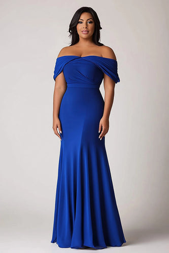 Royal Blue Off the Shoulder Sheath Plus Size Long Mother of the Bride Dress