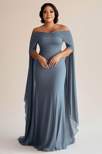 Grey Blue Off the Shoulder Chiffon Plus Size Long Mother of the Bride Dress