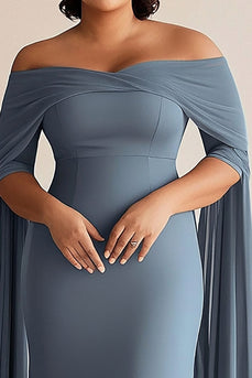 Grey Blue Off the Shoulder Chiffon Plus Size Long Mother of the Bride Dress