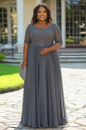 Grey A Line Appliqued Plus Size Long Mother of the Bride Dress