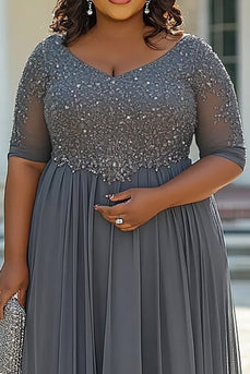 Grey A Line Appliqued Plus Size Long Mother of the Bride Dress