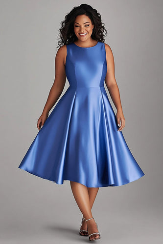 A Line Blue Satin Plus Size Knee-Length Mother of the Bride Dress