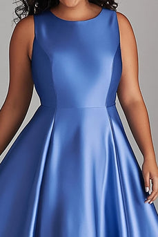 A Line Blue Satin Plus Size Knee-Length Mother of the Bride Dress