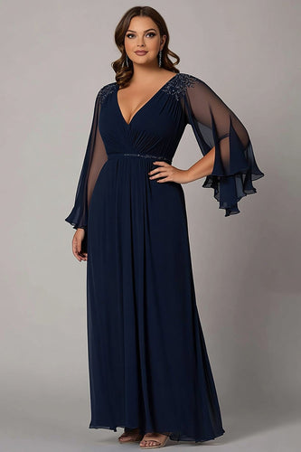 Navy V-Neck Sleeves Long Plus Size Mother of the Bride Dress