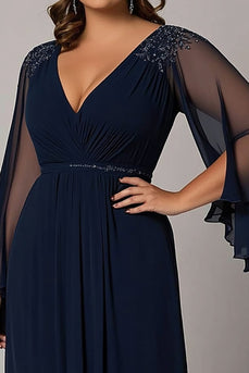 Navy V-Neck Sleeves Long Plus Size Mother of the Bride Dress