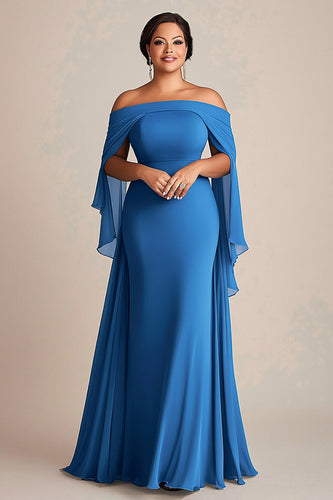 Blue Chiffon Square Neck Long Plus Size Mother of the Bride Dress