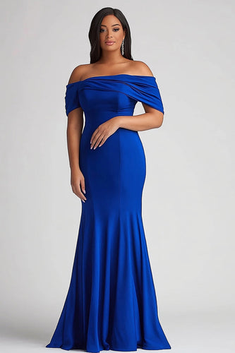 Royal Blue Off the Shoulder Satin Long Plus Size Mother of the Bride Dress