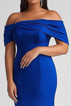 Royal Blue Off the Shoulder Satin Long Plus Size Mother of the Bride Dress