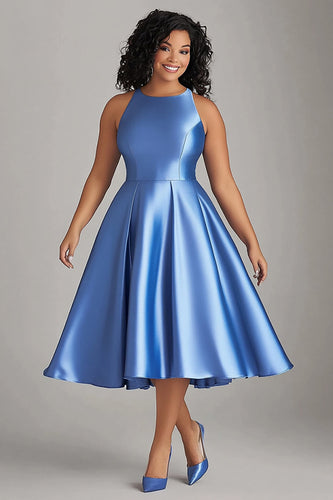 A Line Blue Scoop Knee-Length Plus Size Mother of the Bride Dress