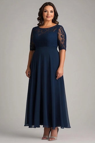 Navy Half Sleeves A Line Long Plus Size Mother of the Bride Dress