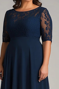 Navy Half Sleeves A Line Long Plus Size Mother of the Bride Dress