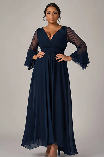 Navy V-Neck Chiffon Long Plus Size Mother of the Bride Dress