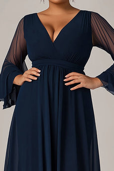 Navy V-Neck Chiffon Long Plus Size Mother of the Bride Dress