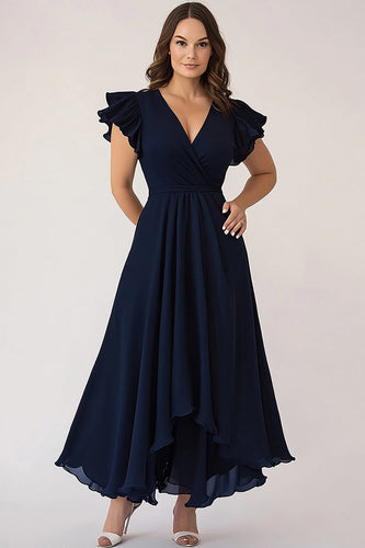 Cap Sleeves Navy A Line Long Plus Size Mother of the Bride Dress