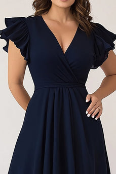 Cap Sleeves Navy A Line Long Plus Size Mother of the Bride Dress